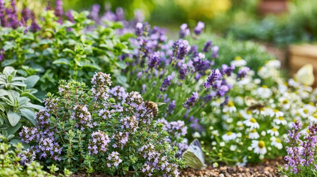 Vibrant herb garden featuring flowering thyme, lavender, oregano, and chamomile with bees and butterflies
