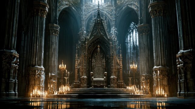 Ornate Gothic throne room with dramatic lighting and intricate details