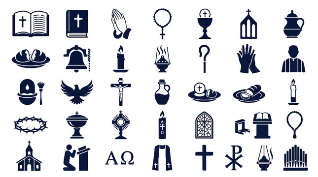 Christian religious icons set, 35 navy blue church symbols vector, catholic spiritual elements for liturgy and worship design