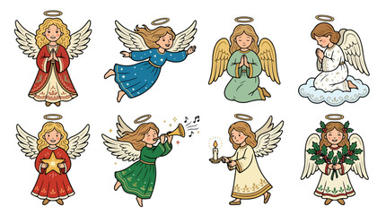 Obraz premium Vintage Christmas angel vector set, hand drawn celestial cherub collection with wings and halos, 8 religious holiday character illustrations