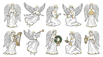 Obraz premium Vintage Christmas angel vector set, 10 elegant line art angels with gold accents, religious celestial characters for holiday greeting cards and church decor