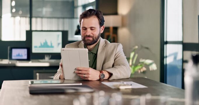 Thinking, business and man in office with tablet, research and data analysis for finance report. Male person, review or ideas in workplace with tech, financial audit and statistics for company profit