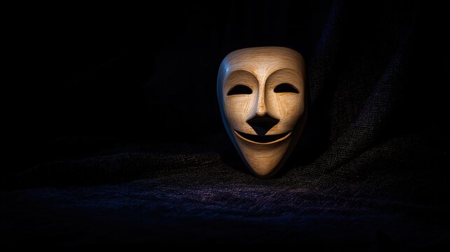 A single theatrical comedy mask resting on dark, textured fabric.