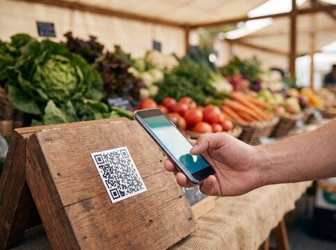 Close-up of hand scanning QR code with smartphone at farmer's market for mobile payment