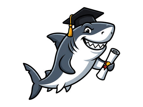 Cartoon shark character wearing graduation cap and holding diploma scroll vector illustration isolated on transparent background for educational mascot designs and school achievement celebration.