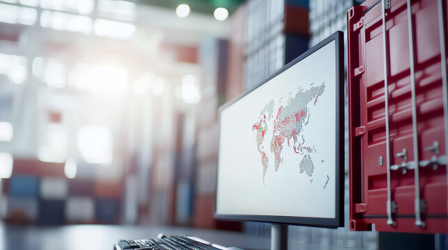 A modern workspace featuring a computer monitor displaying a world map, symbolizing global logistics and trade.