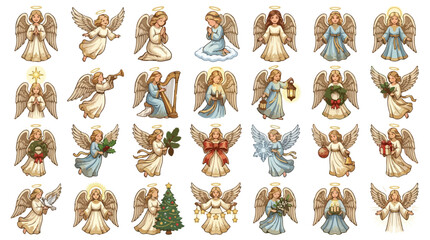 Obraz premium Vintage Christmas angel vector set, 28 celestial cherub illustrations with golden halos, traditional holiday religious characters for greeting cards