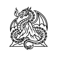 Obraz premium Dragon perched on a mountain peak line art illustration.