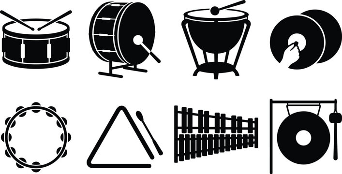 Percussion Instrument Silhouette Vector Collection Featuring Drums, Cymbals, and Orchestral Icons