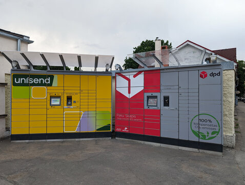 Unisend, DPD automated parcel lockers on the street in Riga, Latvia.
