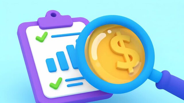 A 3D animated scene showing a magnifying glass zooming in on a gold dollar coin next to a financial chart clipboard