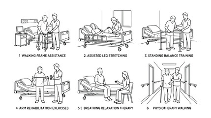 Obraz premium Physiotherapy rehabilitation exercises set, medical line art of patient physical therapy, hospital recovery and elderly mobility assistance icons