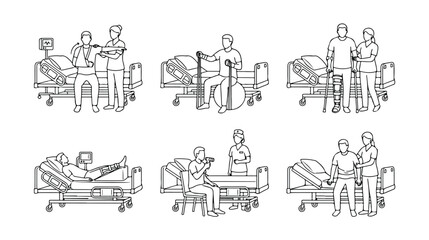 Obraz premium Physical therapy rehabilitation icons set, hospital patient recovery line art, medical physiotherapy exercises vector, orthopedic nursing care