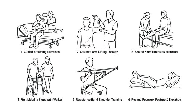 Physical therapy rehabilitation exercises set, 6 line art icons for physiotherapy and patient recovery, medical guided breathing and mobility training
