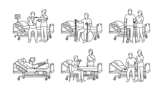 Physical therapy rehabilitation icons set, hospital patient recovery line art, medical physiotherapy exercises vector, orthopedic nursing care