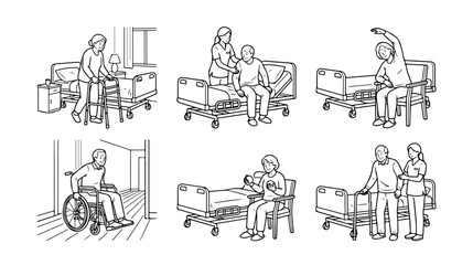 Obraz premium Elderly patient care line art icons, senior rehabilitation and nursing home assistance vector set, hospital bed and mobility aid illustrations