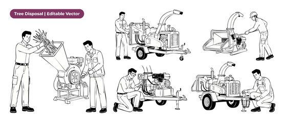 Obraz premium Wood Chipper Tree Disposal Workers Vector Icon Set, Professional Arborists Operating Forestry Machinery, Line Art Illustration of Garden Maintenance, Landscaping Services and Woodchipping Equipment.