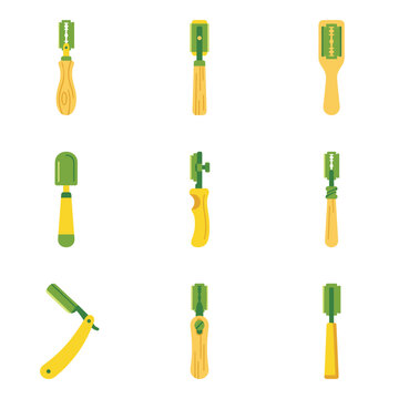 Collection of nine pixel art illustrations of shaving and grooming tools, including straight razors and chisels, with yellow and green color palette, set on a white background, flat design elements