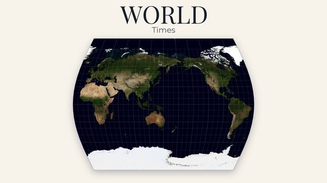 World Map John Muir Times projection. Rotating Earth with topography texture. White graticule lines on off-white background. Cinematic atlas style. Seamless loop. 4K resolution.