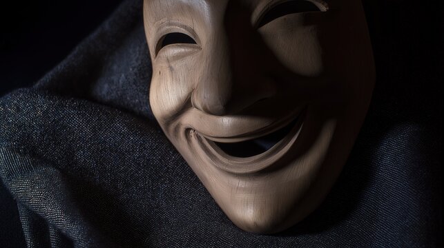 A single theatrical comedy mask resting on dark, textured fabric.