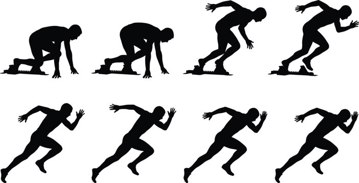 Sprint Runner Silhouette Sequence with Starting Blocks and Running Motion Vector Set