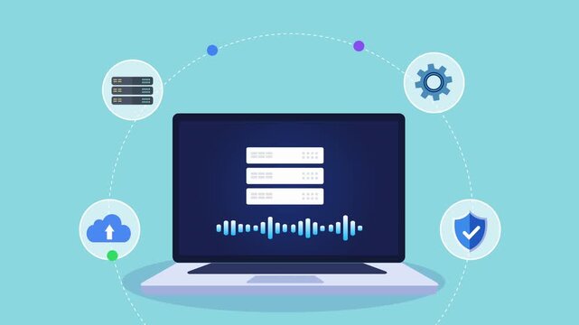 Animated flat vector motion graphic featuring an AI login authentication interface on a laptop with cloud, security, settings, and server icons. Ideal for secure access, cloud computing, and artificia