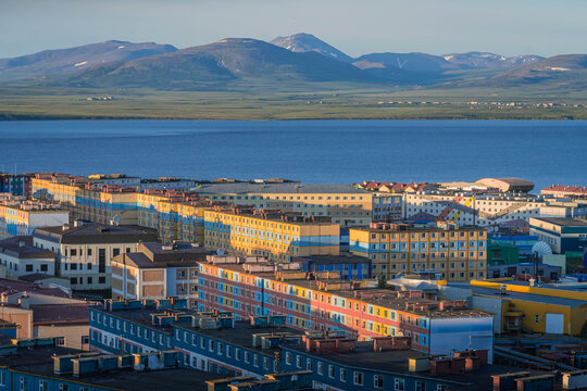 Panoramic photo of Anadyr city in Chukotka peninsula, Russia.
