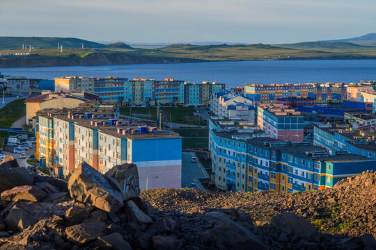 Panoramic photo of Anadyr city in Chukotka peninsula, Russia.
