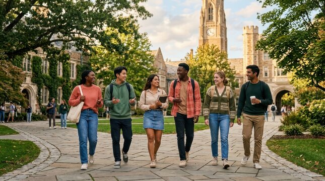 Diverse group of college students walking together on campus during autumn