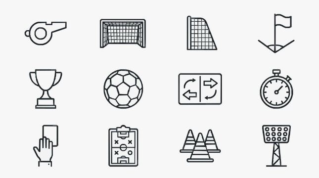 Elegant Black and White Line Icons Set Featuring Sports Equipment and Elements for Web Design or Presentations
