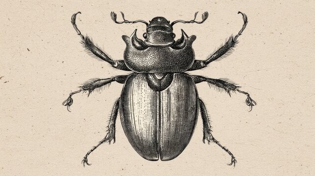 Detailed ink drawing of a beetle, wings closed, antennae raised against a light background