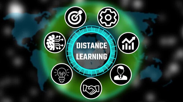 Futuristic business distance learning trin interface with circular Hud icons, teamwork and abbreviation appearing in circle surrounded by business related icons HD video