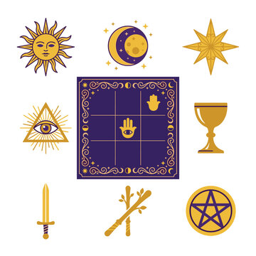 Pixel art occult symbols arranged around a divination mat, sun, moon, eye, sword, staff, pentagram, chalice, and star for magic and fortune-telling