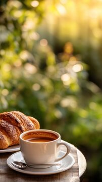 Coffee cup and croissant steaming on wooden table outdoors
