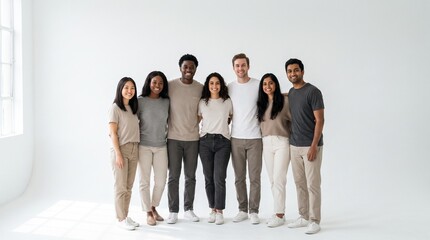 Obraz premium Diverse group of happy young adults standing together, showcasing unity and friendship against a bright white backdrop, representing a vibrant community