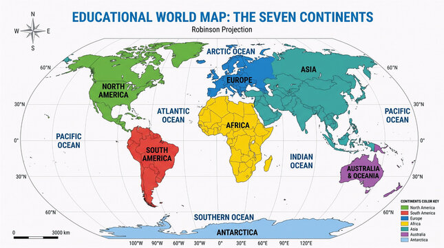 Educational world map showing the seven continents and oceans in Robinson projection with colorful regions for geography learning