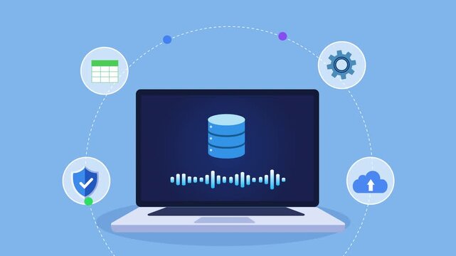 Animated flat vector motion graphic featuring an AI database management interface on a laptop with cloud, security, settings, and spreadsheet icons. Ideal for data storage, cloud computing, and artifi