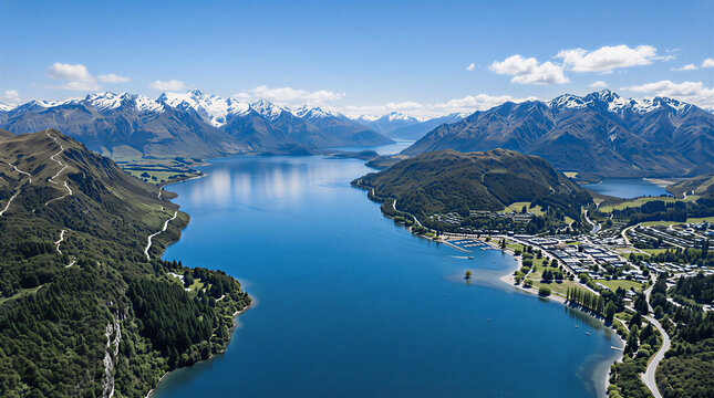 Panoramic aerial view of Lake Wanaka with snow-capped mountains, crystal blue water, and lush landscapes under a clear summer sky