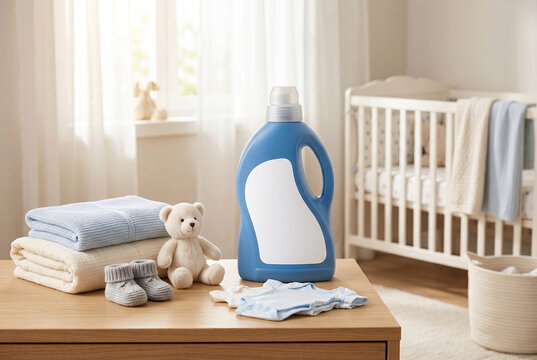 Blue laundry detergent bottle on wooden table in a baby nursery with towels and teddy for nursery background and product placement