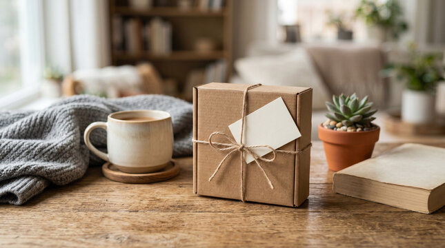 Brown kraft gift box with twine and blank tag on wooden table for rustic present background and lifestyle design