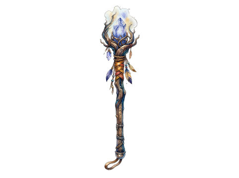 Intricately carved wooden wizard staff featuring a glowing blue magical crystal orb with delicate feathers and ancient glowing runes attached to the gnarled rustic timber handle on transparent backgro