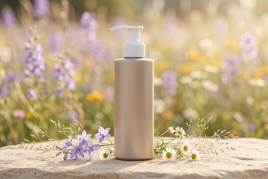 Cosmetic pump bottle on stone pedestal in wildflower meadow with chamomile and purple blooms for natural skincare banner and packaging background