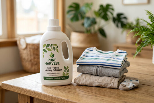 Eco friendly laundry detergent bottle with folded baby clothes on wooden table for lifestyle background and sustainable cleaning product design