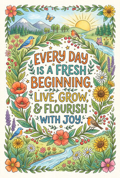 Inspirational floral illustrated postcard with lettering "every day is a fresh beginning" for greeting card print and wall art design