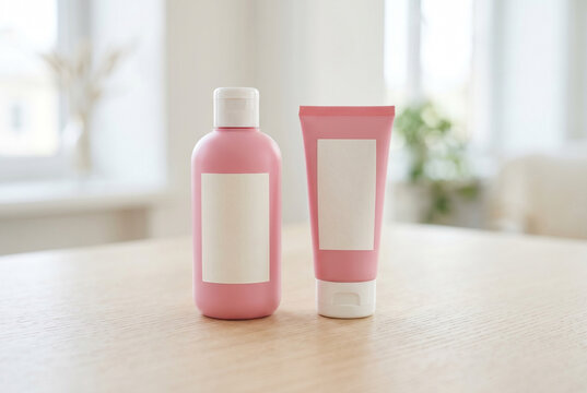 Minimal skincare packaging with two pink cosmetic bottles on wooden table for beauty branding and cosmetic label design mockup background