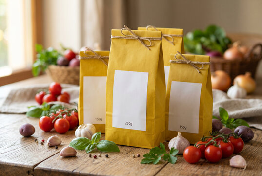Yellow kraft packaging bags with blank white labels on rustic table with fresh vegetables for product mockup and food packaging design