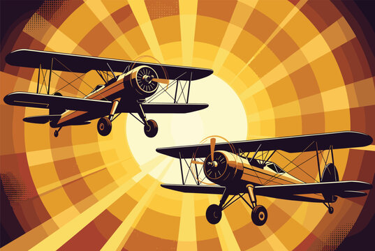 Two vintage biplanes flying through a golden sunburst background, capturing the essence of early aviation and adventure in retro art.