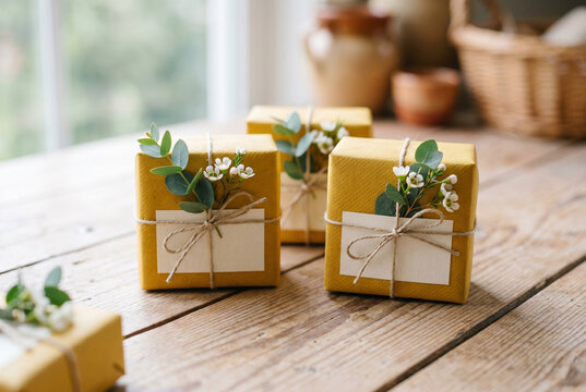 Yellow gift boxes with twine and small white flowers on wooden table for rustic wedding favor and gift wrapping background and handmade celebration styling