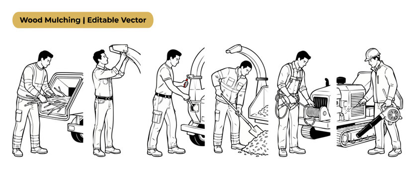Wood mulching worker vector set performing tree care, operating wood chipper machine, shoveling mulch, and using leaf blower in clean black and white line art outline illustration style.
