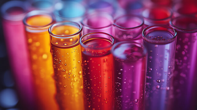 Colorful test tubes filled with vibrant liquids, showcasing a variety of substances in a laboratory setting.